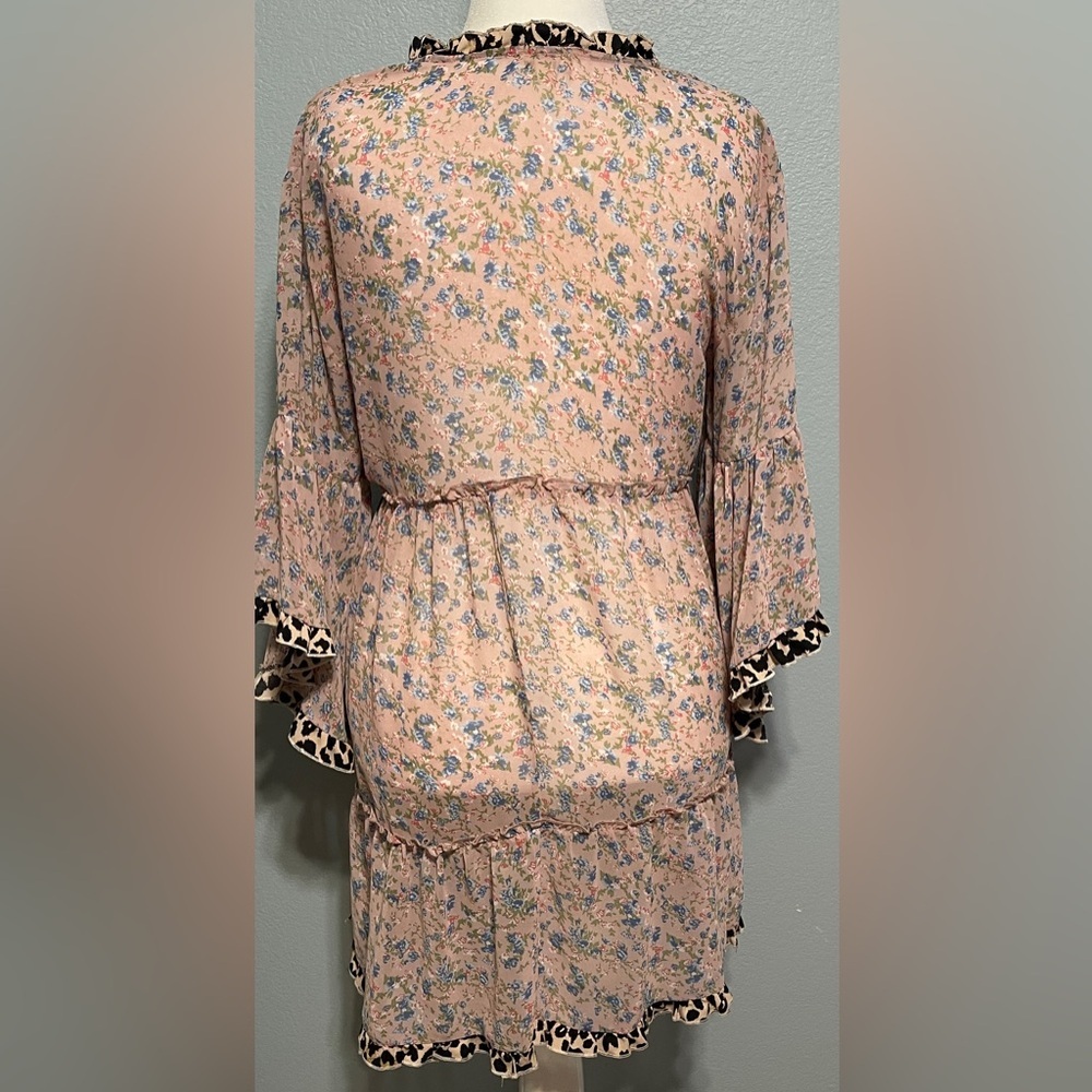 Umgee Leopard Trim Floral Boho Dress Tassel Tie 3/4 Sleeve Cottagecore Large - Picture 3 of 8